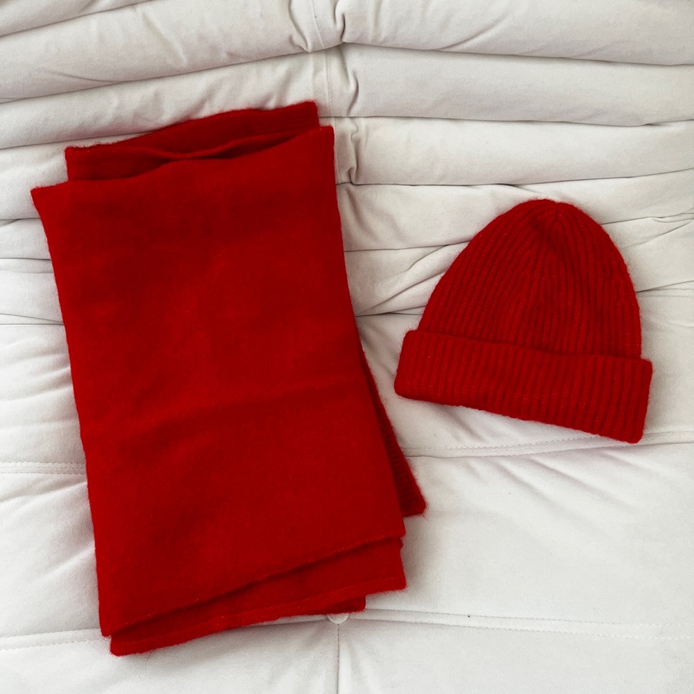 Sezane Red Knit Scarf and Beanie Set
